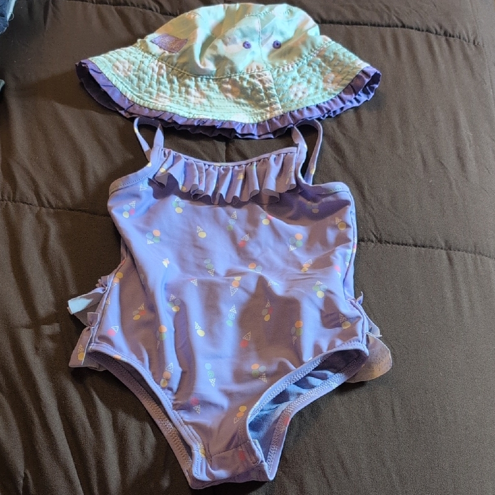 Baby GAP Purple Ruffled Swimsuit with Reversible Hat